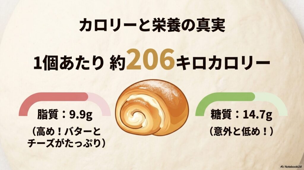 マスカルポーネロール1個あたりのカロリー(206kcal)、脂質(9.9g)、糖質(14.7g)を解説するスライド。