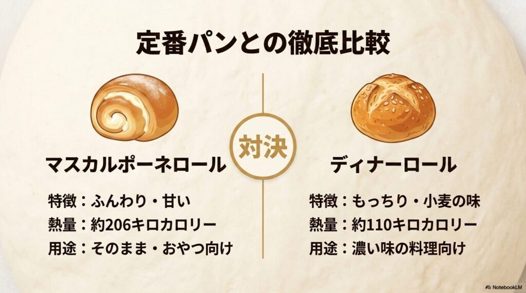 マスカルポーネロールとディナーロールの特徴、カロリー、用途を比較した表。