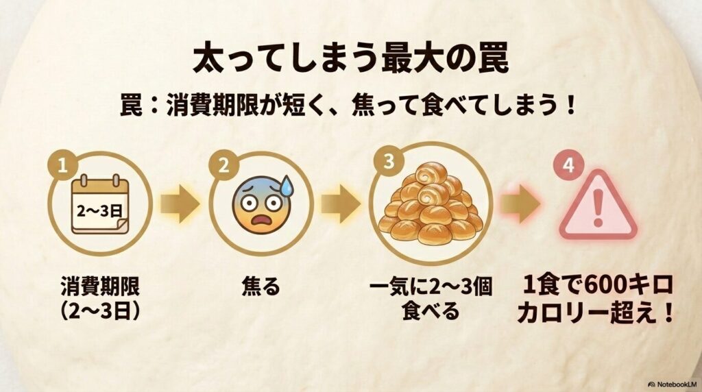 消費期限の短さから一度に多く食べてしまうという、太る原因となる「最大の罠」を説明するフローチャート。