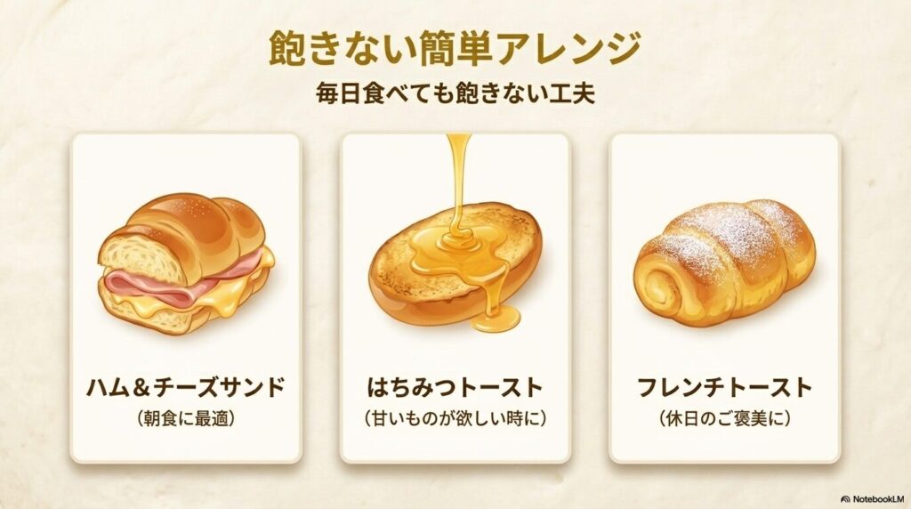 ハム&チーズサンド、はちみつトースト、フレンチトーストの3種類の簡単なアレンジ方法。