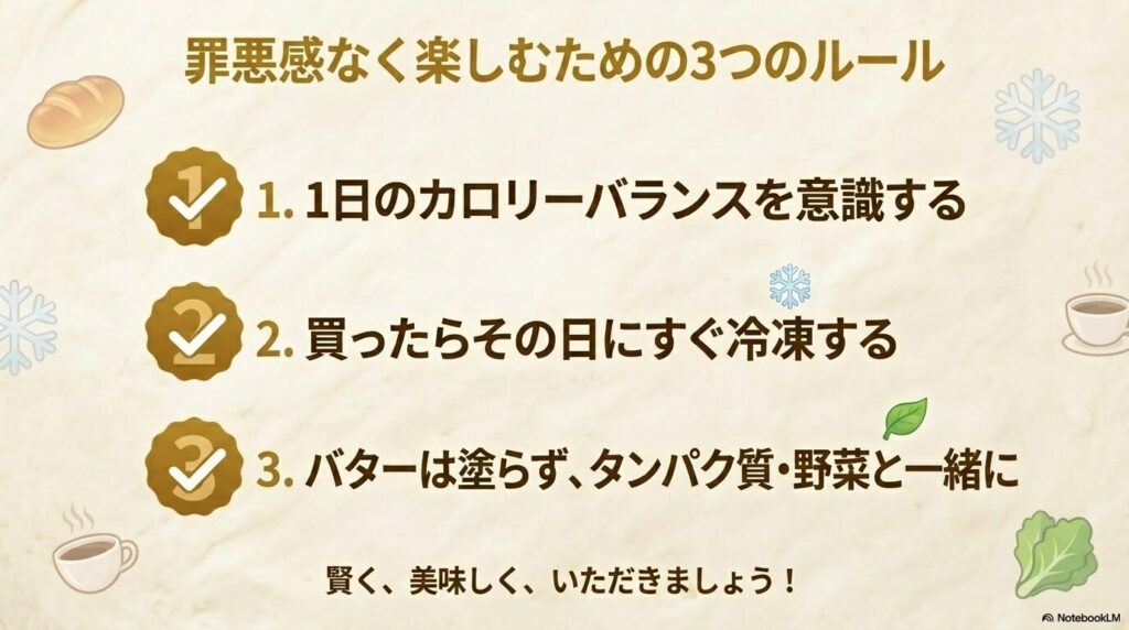 マスカルポーネロールを罪悪感なく楽しむための、カロリー管理、即冷凍、食べ合わせの3つのルール。