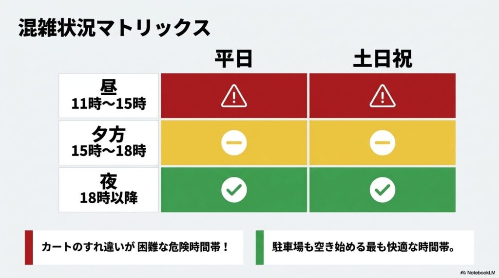 平日と土日祝日の時間帯別混雑状況を、赤・黄・緑の色分けで示すマトリックス表。