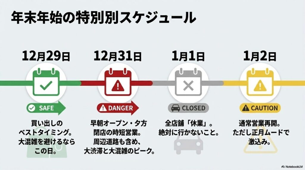 12月29日から1月2日までの年末年始における混雑予想と営業スケジュールの注意点。