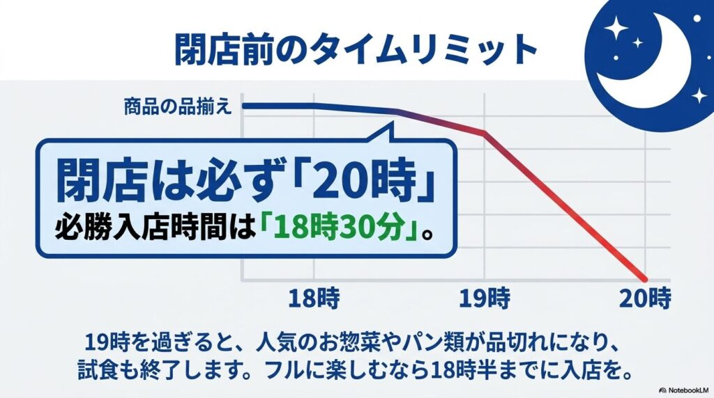 閉店20時に向けた品揃えの低下を示し、18時30分までの入店を推奨するグラフと解説。