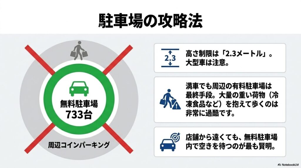 駐車場の高さ制限や、周辺コインパーキングを避けて無料駐車場で待つべき理由を解説。