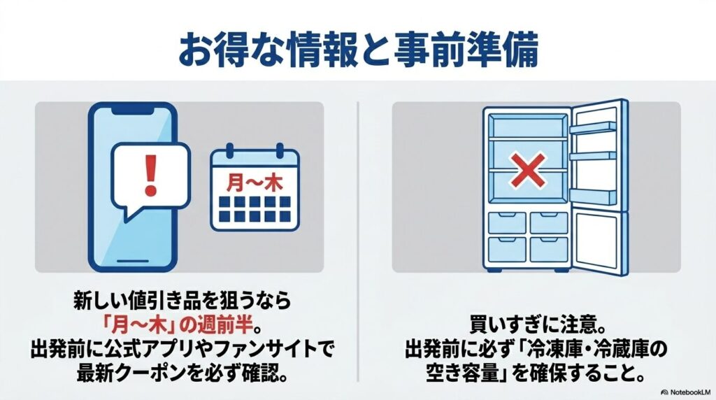 月〜木の値引き品、最新クーポンの確認、冷蔵庫の空き容量確保など、出発前の準備について。
