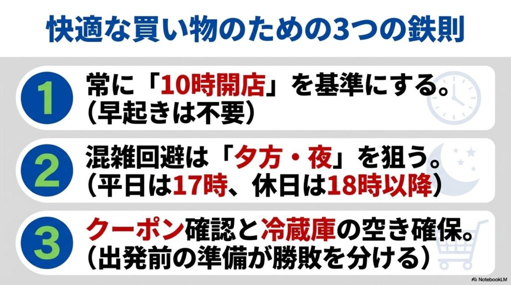 10時開店、夕方・夜の混雑回避、事前準備という、快適な買い物のための3つの鉄則のまとめ。