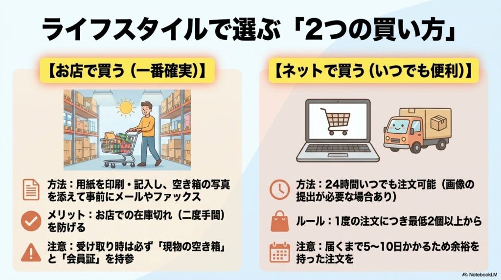 店舗での事前予約購入とオンライン購入の2つの方法、それぞれのメリット、ルール、注意事項を比較解説。
