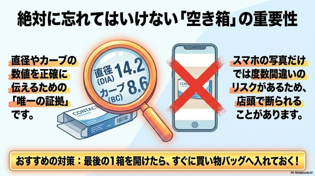 購入時に現物の「空き箱」を持参することの重要性と、スマホの写真では不十分な理由を説明するスライド。