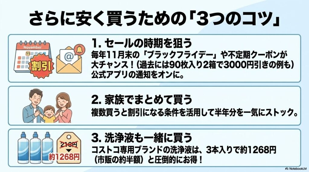 コストコでさらに安く買うための3つのコツ(セール時期、家族でのまとめ買い、PBの洗浄液)を紹介。
