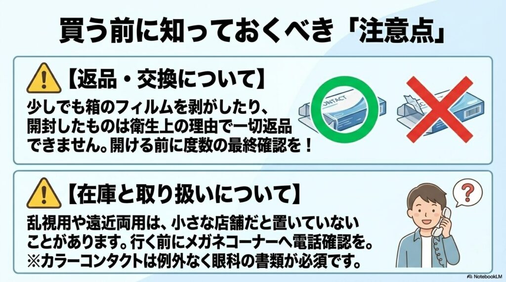 返品・交換の条件(開封厳禁)、在庫状況、カラーコンタクト購入時の例外的な注意点について解説。