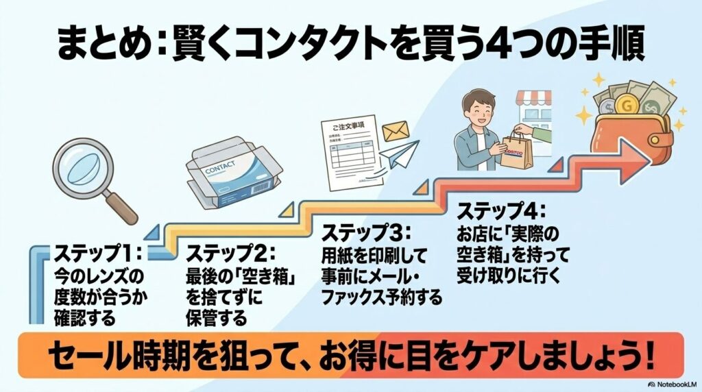 コストコで賢くコンタクトレンズを購入するための4つの手順をまとめたスライド。