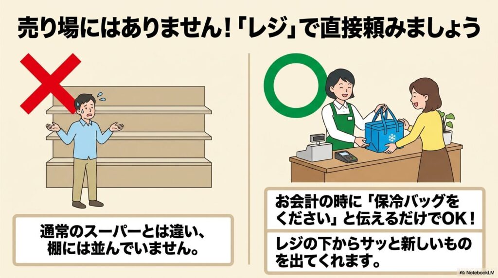 コストコバッグは売り場の棚ではなく、レジで直接店員に注文して購入することを説明しています。