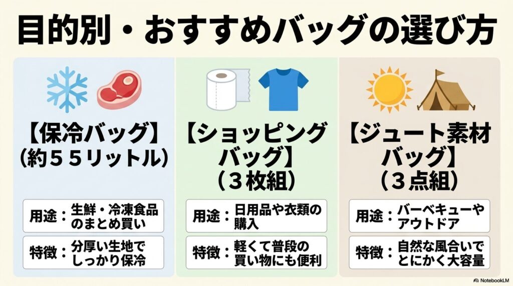 用途に合わせた3種類のコストコバッグ(保冷、ショッピング、ジュート素材)の特徴を紹介しています。