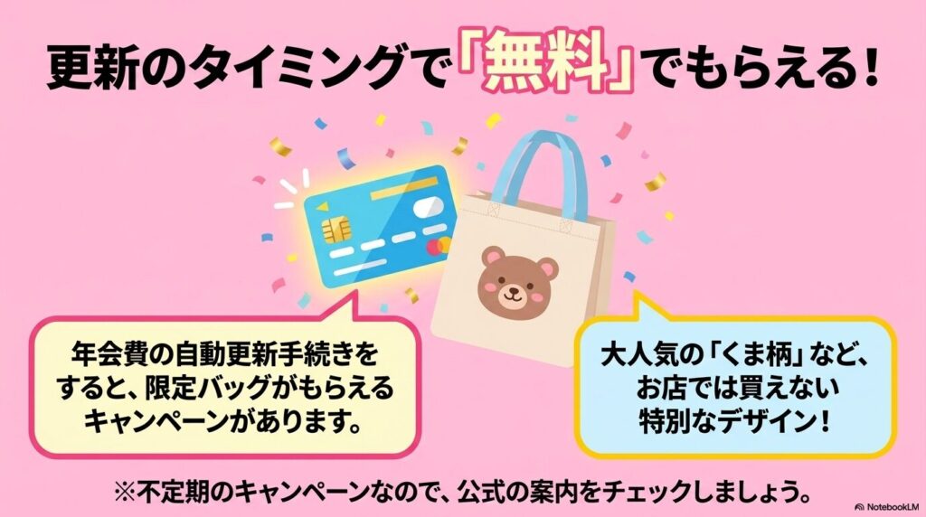 年会費の自動更新キャンペーンを利用すると、限定デザインのバッグが無料でもらえる特典を説明しています。
