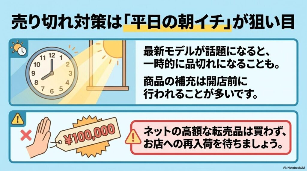 品切れ対策として平日の朝の購入を勧め、ネット上の高額な転売品を買わないよう注意を促しています。
