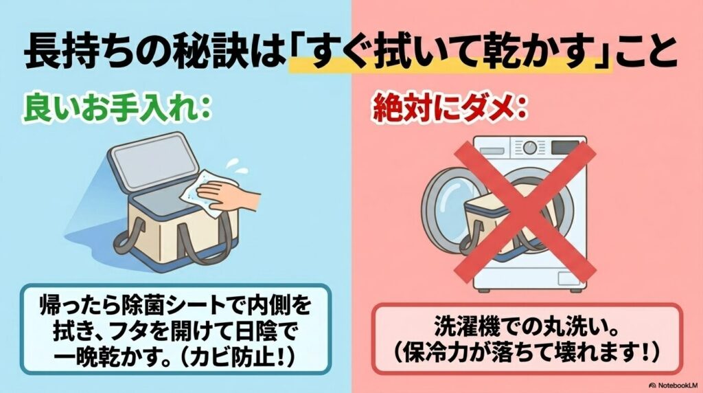 バッグを長持ちさせるため、除菌シートでの拭き掃除と陰干しを推奨し、洗濯機での丸洗いを禁止しています。