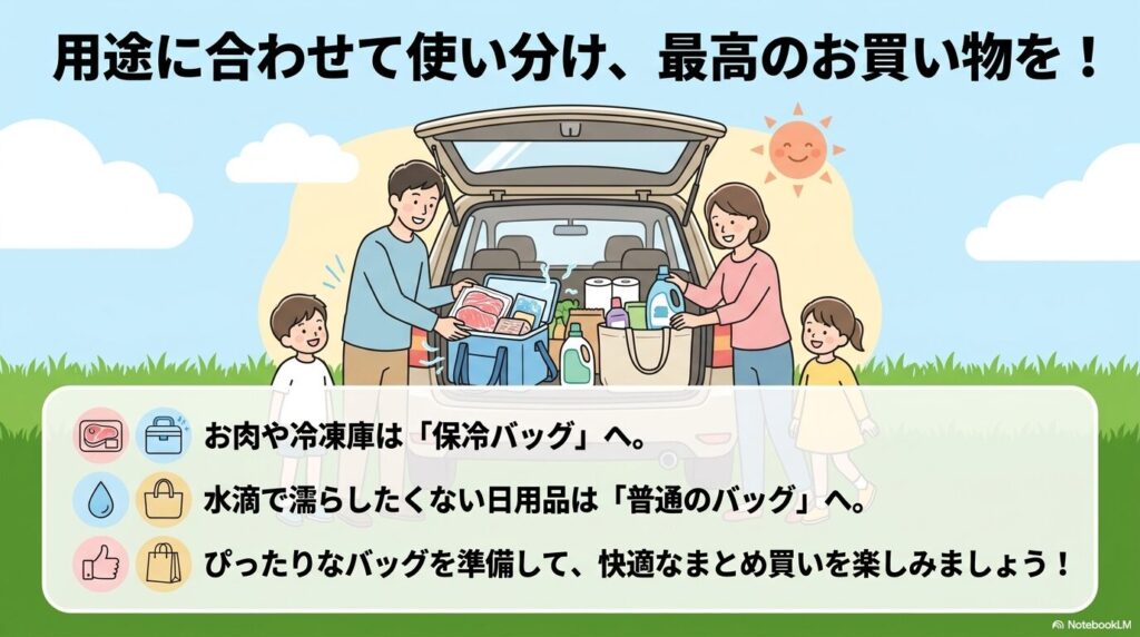商品の性質に合わせてバッグを使い分け、快適にまとめ買いを楽しむよう提案しています。