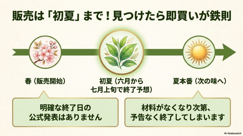 抹茶ソフトの販売期間を春から初夏までと予想し、材料次第で終了することを説明する図解。
