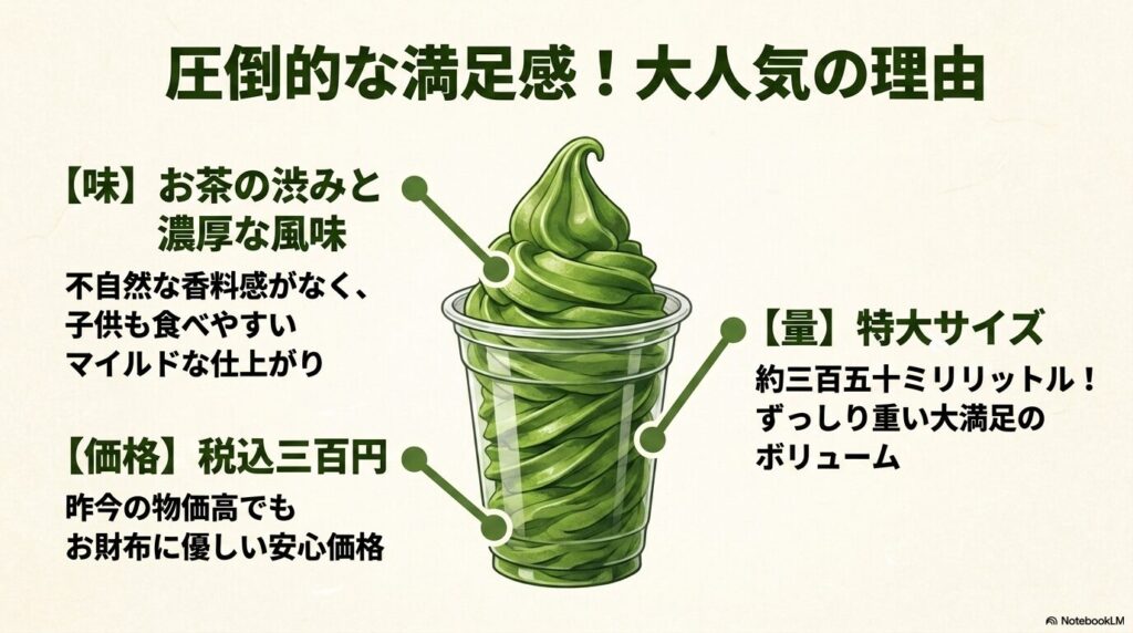 抹茶ソフトの人気の理由を、味、価格、量の3つの観点から説明するスライド。
