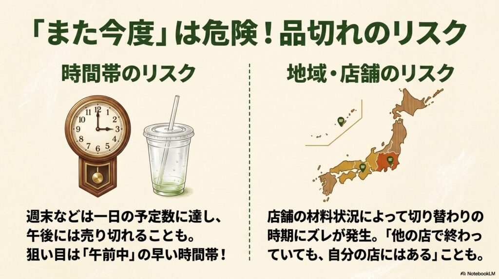 品切れのリスクについて、時間帯と地域・店舗による違いを注意喚起するスライド。