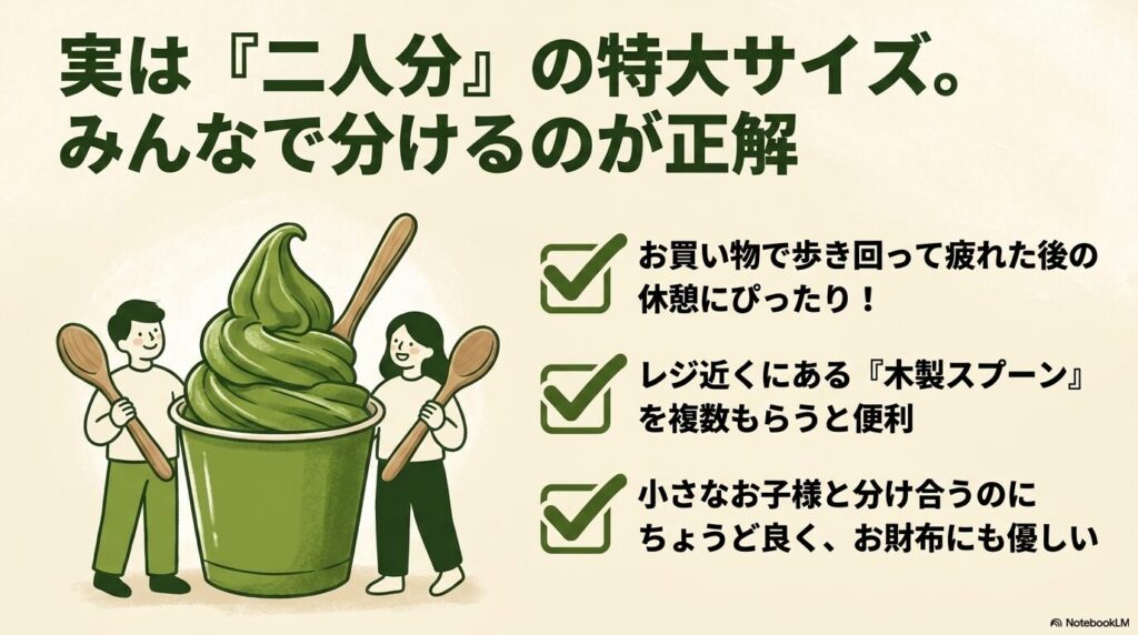 ボリュームが多いため、複数人でシェアして食べることを推奨するスライド。