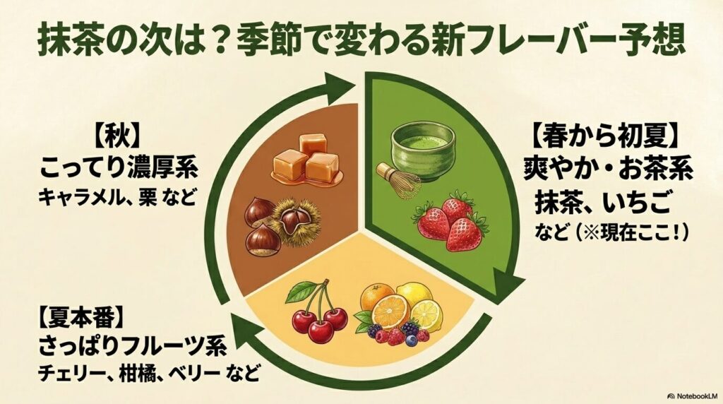 抹茶に続く季節ごとのフレーバー予想を円グラフで示すスライド。
