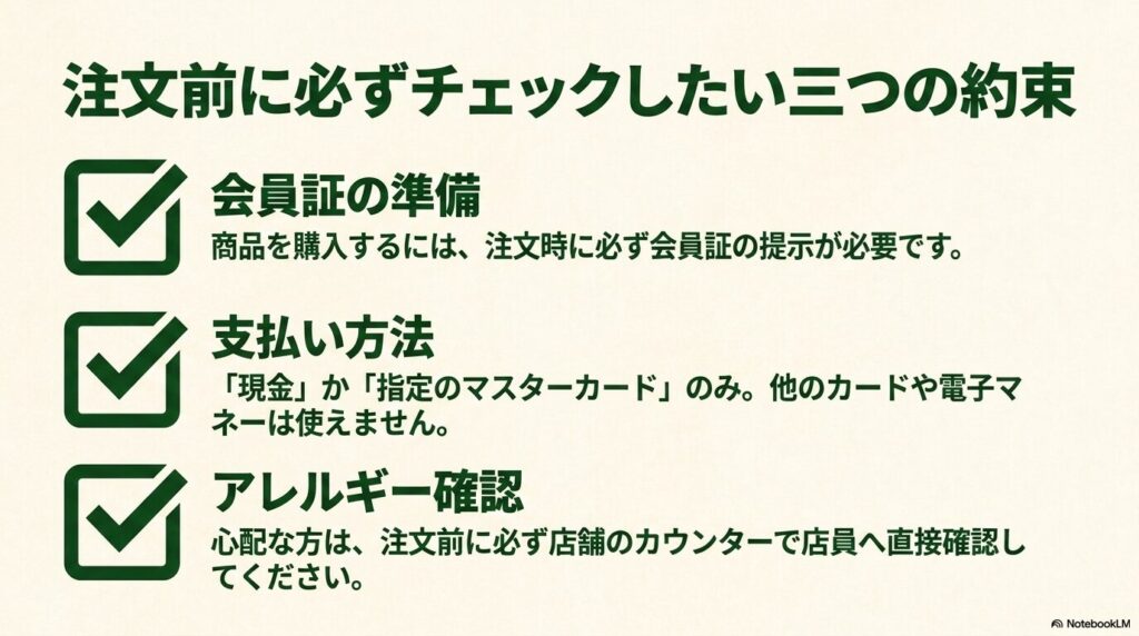 注文前に確認すべき、会員証、支払い方法、アレルギーの3つの注意点を説明するスライド。