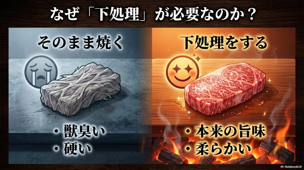 牛タンの下処理の有無による、臭みや硬さの違いを比較して説明するスライドです。
