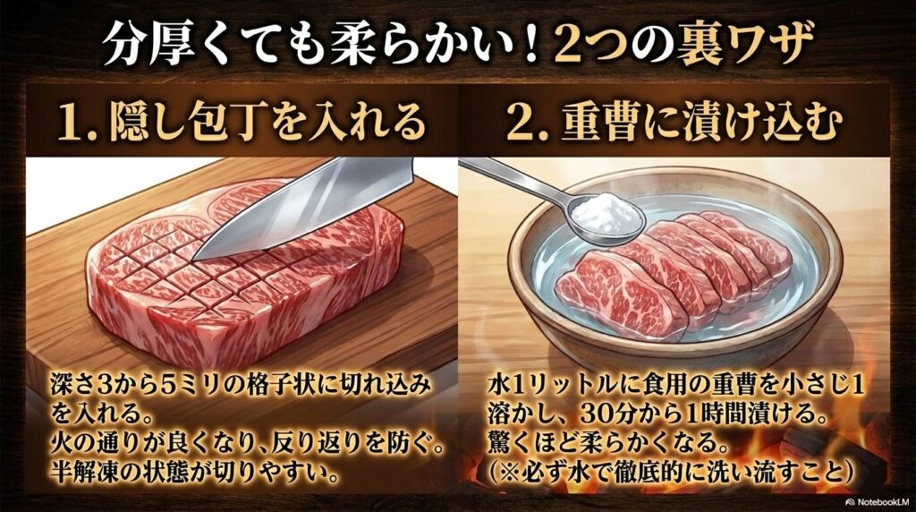 厚切りの牛タンを柔らかく仕上げるための、隠し包丁と重曹を使った2つの裏技を解説するスライド。