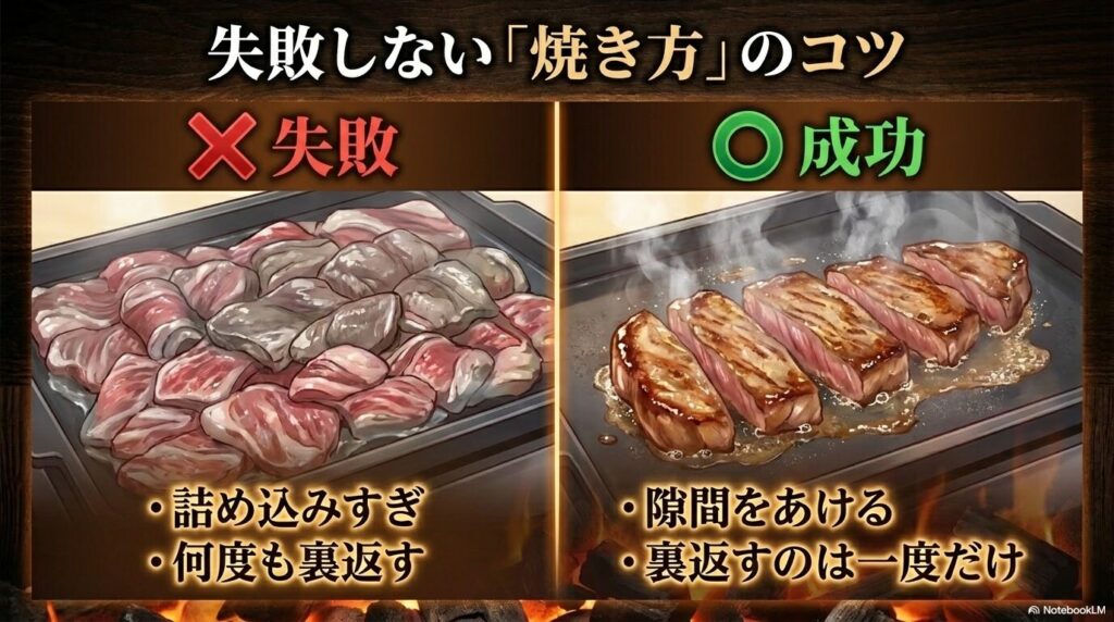 牛タンを焼く際の失敗例と成功例を挙げ、美味しく焼くためのコツを比較解説するスライド。