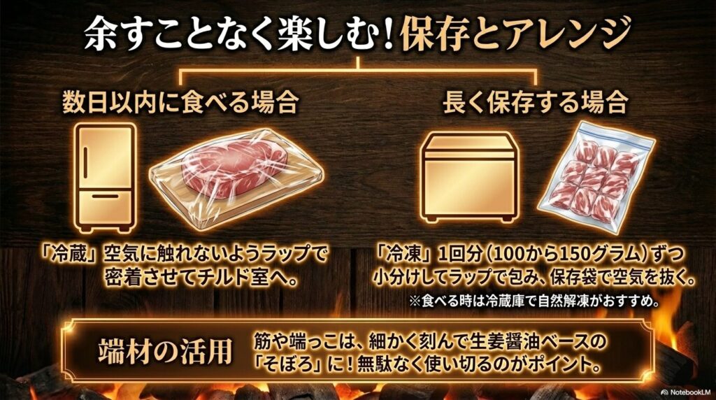 数日以内の保存と長期保存の方法、および余った端材を活用するアレンジレシピを紹介するスライド。