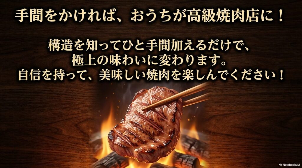 適切な下処理と工夫で家庭でも高級店の味が楽しめることを伝え、締めくくるスライド。