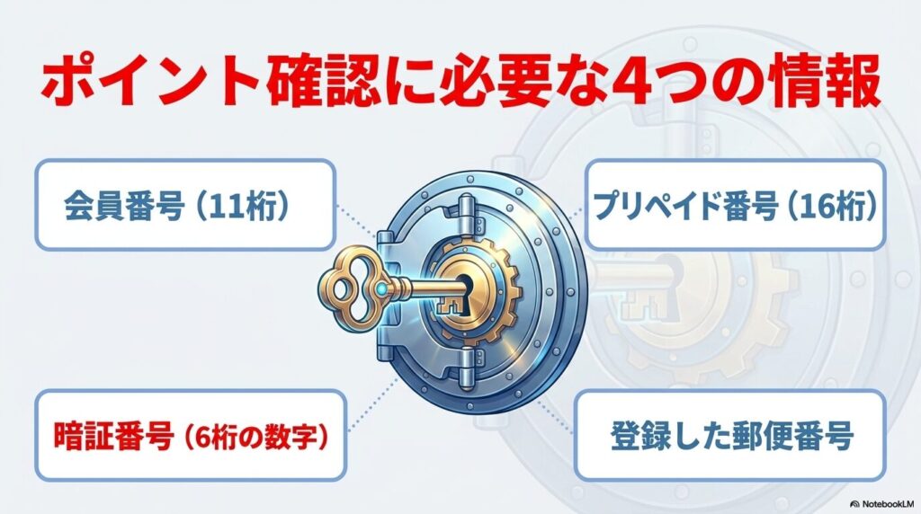 コストコのポイント確認に必要な、会員番号、プリペイド番号、暗証番号、郵便番号の4つの情報を説明。