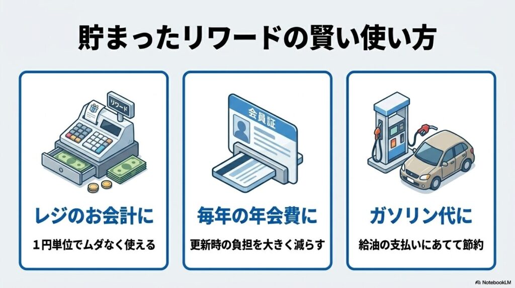 貯まったリワードをレジ、年会費、ガソリン代の支払いに活用する方法を紹介するスライド。