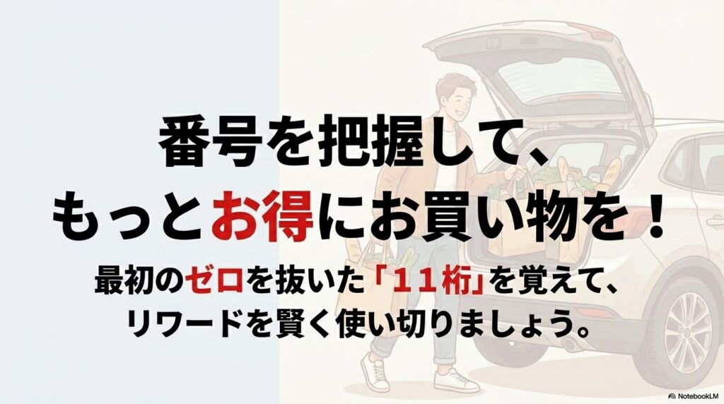 11桁の会員番号を把握してリワードを賢く使い、お得に買い物をすることを促す結びのスライド。