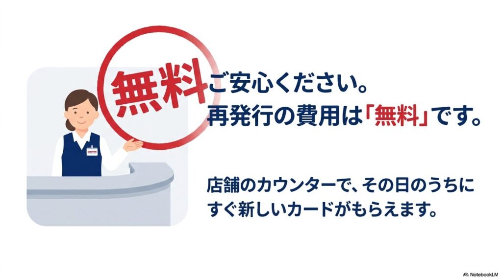 コストコカードの再発行費用は無料で、店舗カウンターで即日受け取れることを説明しています。