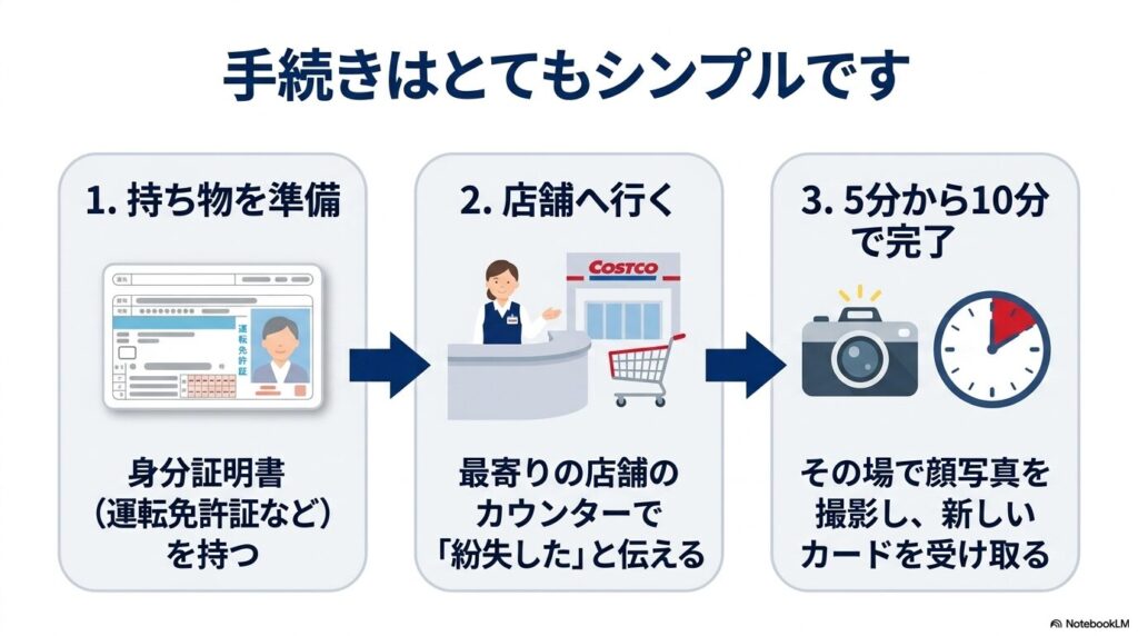 コストコカード再発行の3つのステップ(準備、来店、完了)をフローチャート形式で説明しています。