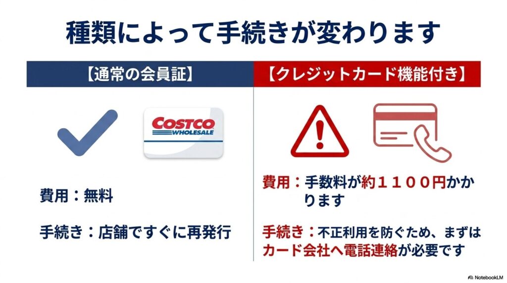 通常の会員証とクレジットカード機能付き会員証で異なる、再発行の費用と手続き方法を比較しています。