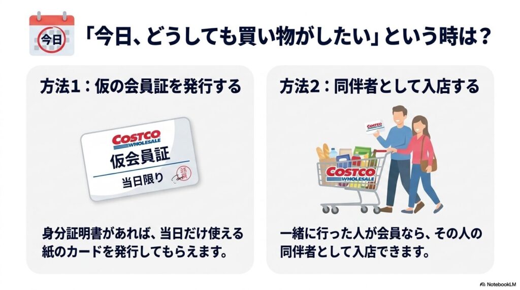 カード紛失当日でも買い物をするための2つの解決策、仮会員証の発行と同伴者としての入店を解説しています。