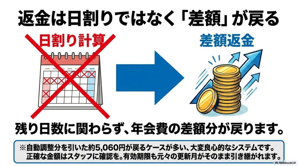 年会費の返金は日割り計算ではなく、プラン間の差額が戻るシステムであることを図解しています。