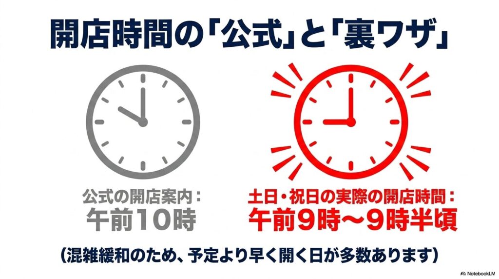 公式の開店時間は10時ですが、混雑緩和のために土日祝日は9時頃から早まることがあるという裏ワザを紹介しています。