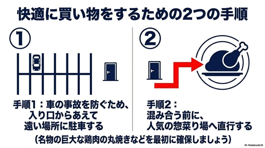 快適に買い物をするために、入り口から遠い場所に駐車することと、人気の惣菜売り場へ直行するという2つの手順です。