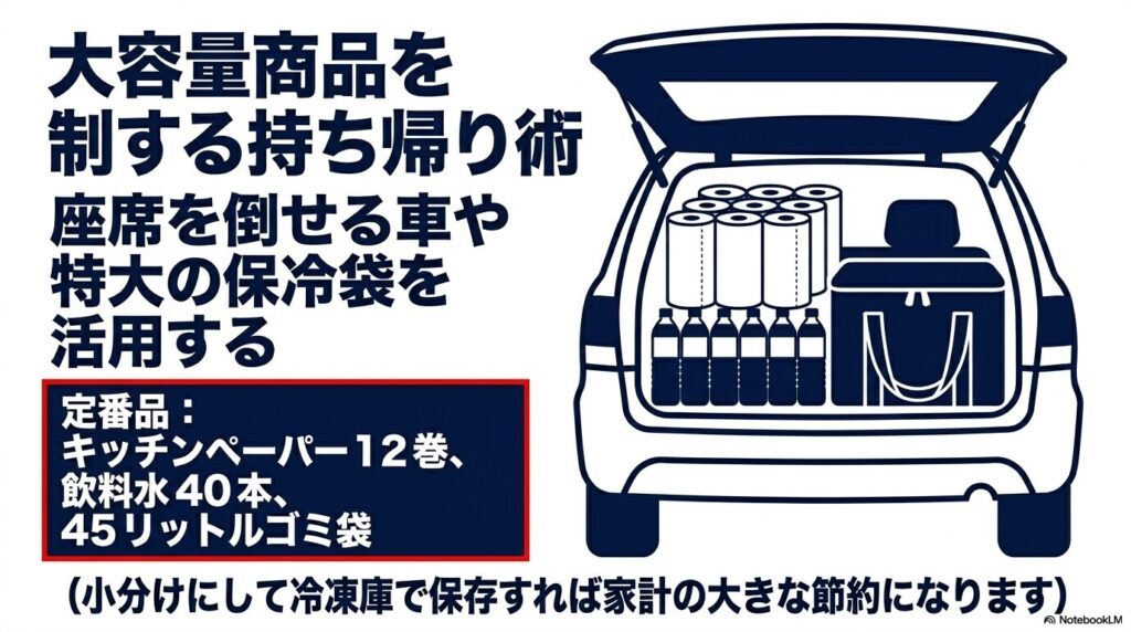 大容量商品を効率よく持ち帰るための車の活用術と、キッチンペーパーなどの定番商品の保存のコツを紹介しています。