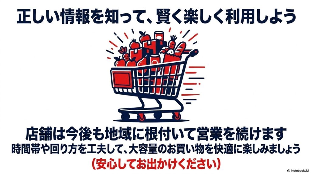 正しい情報を得て、工夫しながら大容量の買い物を楽しむよう呼びかけている、まとめのスライドです。