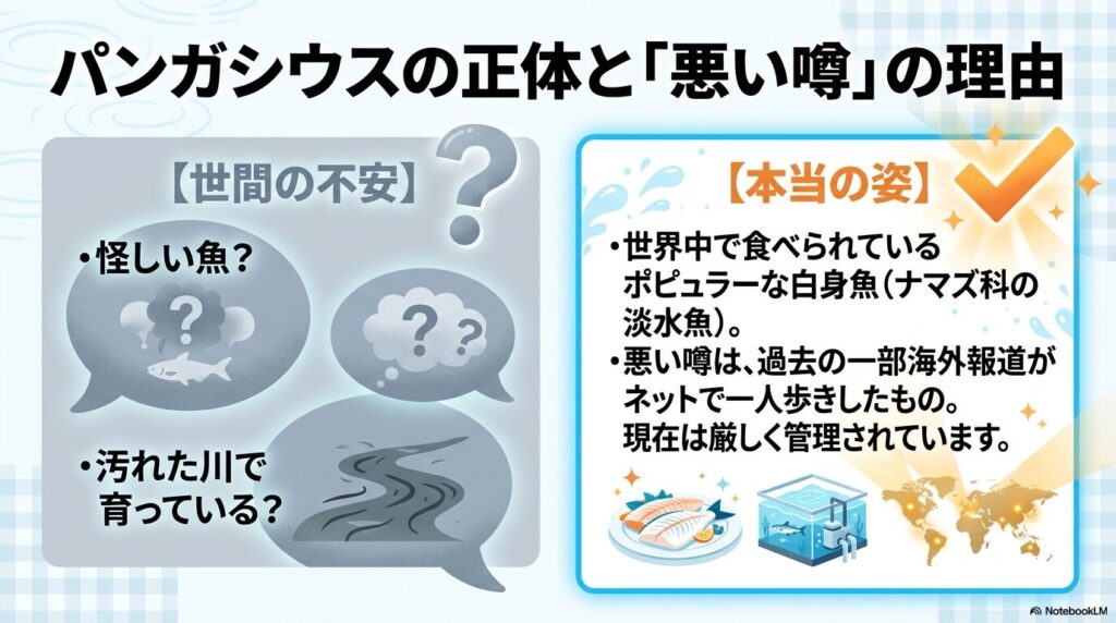 パンガシウスに対する世間の不安と、実際は世界中で食べられている安全な魚であることを対比したスライド。