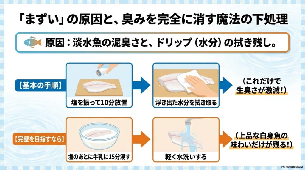 パンガシウスの泥臭さを消すための、塩や牛乳を使用した具体的な下処理の手順を解説するスライド。
