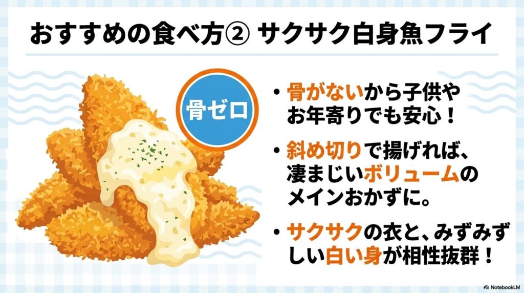 パンガシウスのおすすめレシピとして、子供でも食べやすい骨なしの白身魚フライの魅力を紹介。
