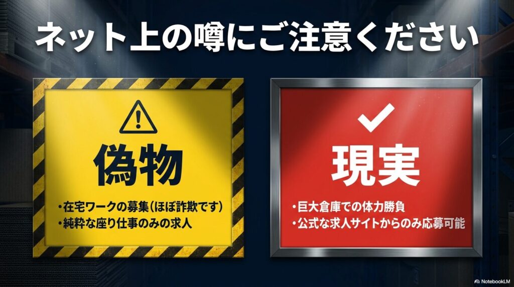ネット上の噂に対する注意喚起として、偽の在宅ワーク求人と実際の倉庫業務の違いを説明するスライド。