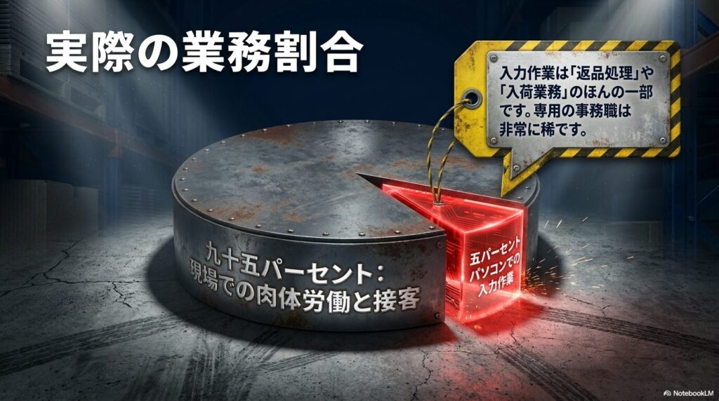 実際の業務割合を示したグラフで、95％が現場での肉体労働と接客、5％が入力作業であることを説明。